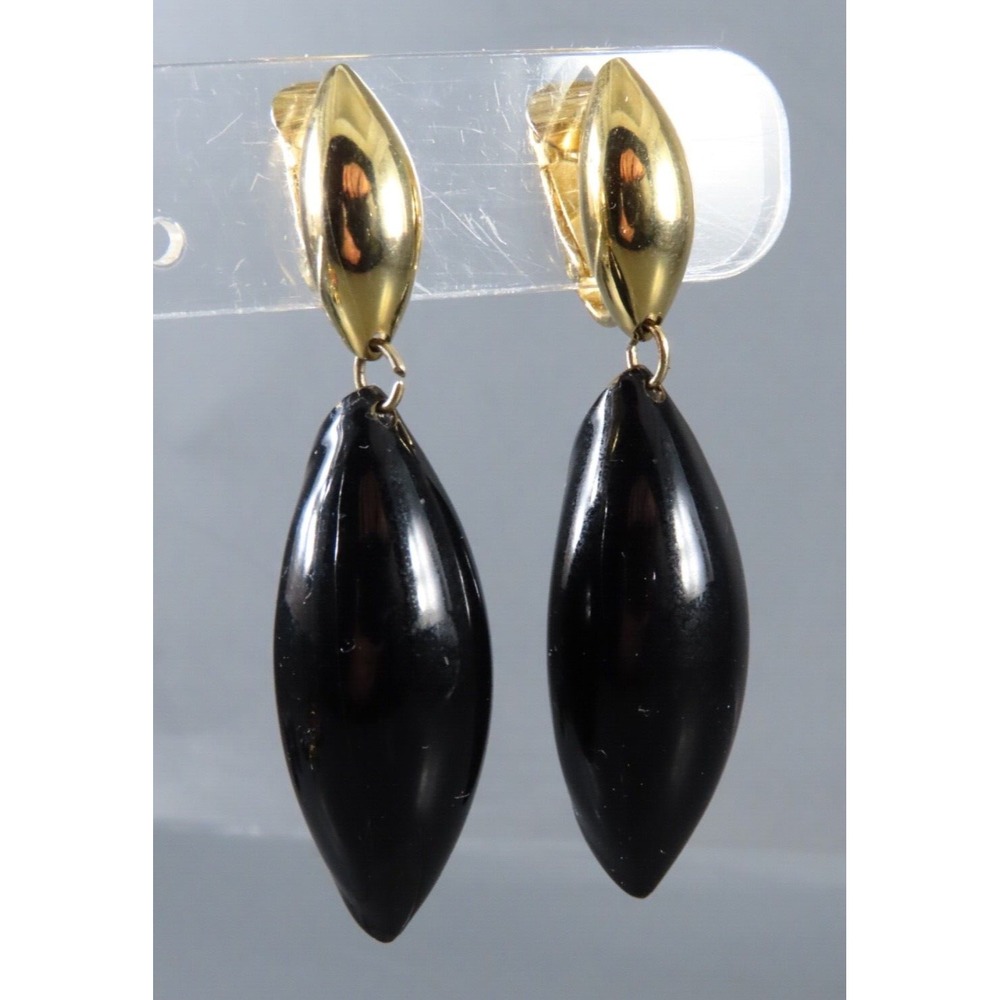 Vintage CROWN TRIFARI CLIP-ON EARRINGS Unique Folded Metal BLACK & GOLD DANGLE